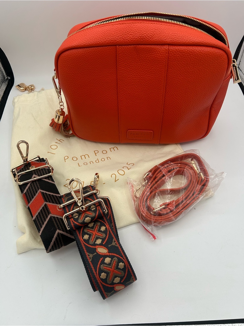 Pom Pom London City Plus Orange Spice Leather Crossbody Bag 3 Straps